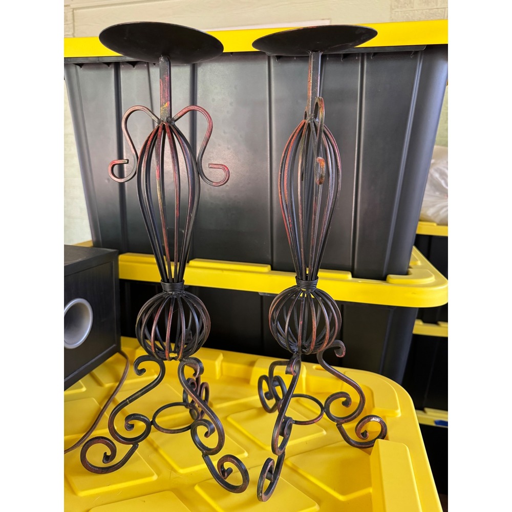 Vintage Wrought Iron Pillar Candle Holders Set of 2 Scroll Metal Stands Black